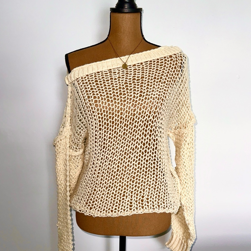 Cream Open-Knit Crew Neck Sweater